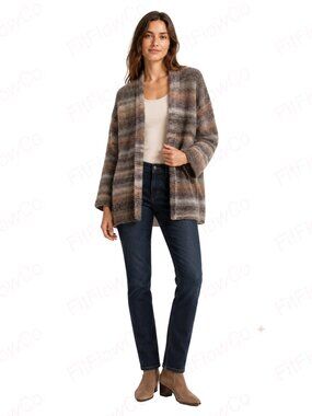 Benetton Wool Blend Open Front Cardigan M/L Neutral Stripe